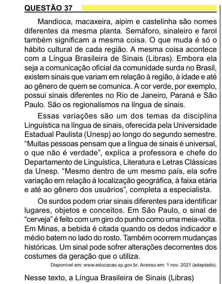 Enunciado da questão 37 do ENEM 2023 Dia 1