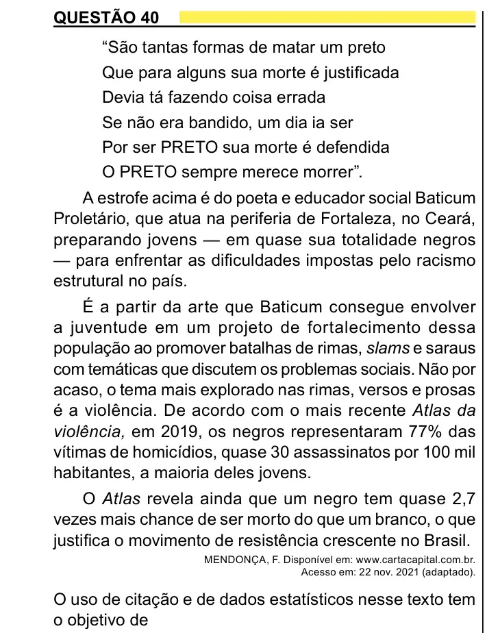 Enunciado da questão 40 do ENEM 2023 Dia 1