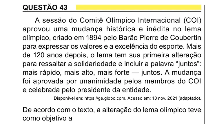 Enunciado da questão 43 do ENEM 2023 Dia 1