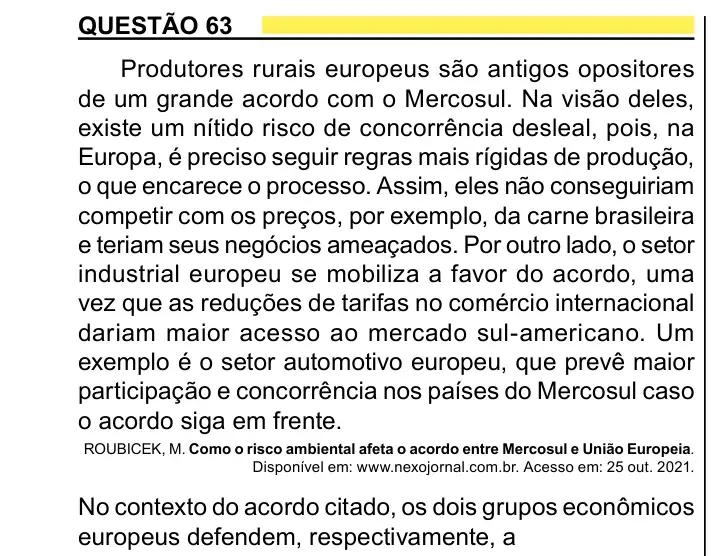 Enunciado da questão 63 do ENEM 2023 Dia 1