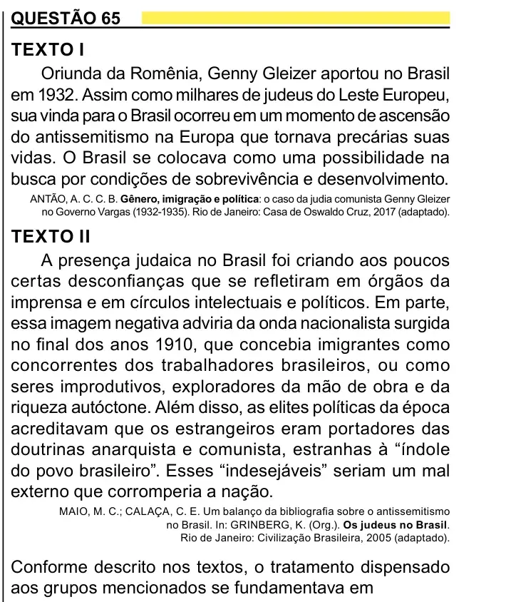Enunciado da questão 65 do ENEM 2023 Dia 1