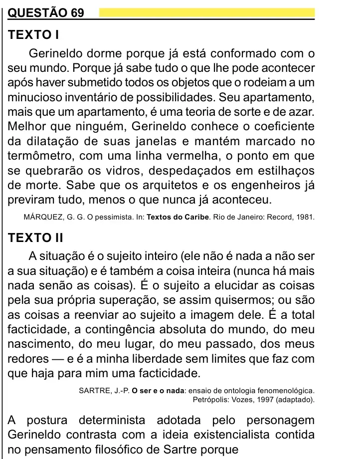 Enunciado da questão 69 do ENEM 2023 Dia 1