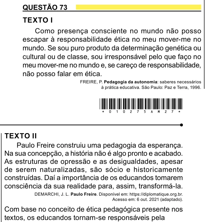 Enunciado da questão 73 do ENEM 2023 Dia 1
