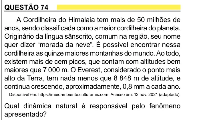 Enunciado da questão 74 do ENEM 2023 Dia 1