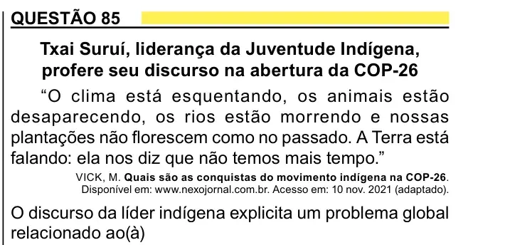 Enunciado da questão 85 do ENEM 2023 Dia 1