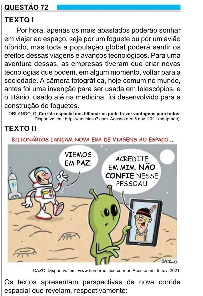 Enunciado da questão 72 do ENEM 2023