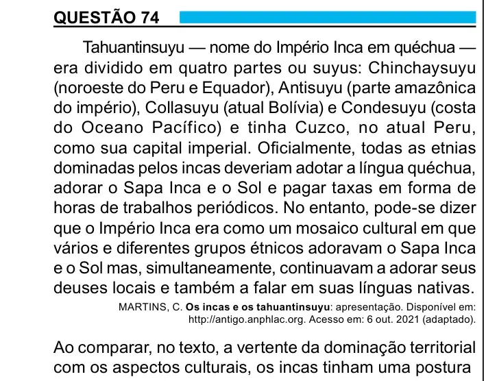 Enunciado da questão 74 do ENEM 2023