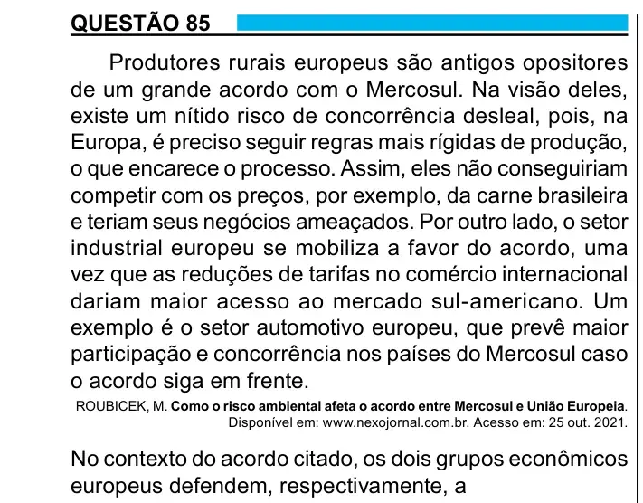 Enunciado da questão 85 do ENEM 2023