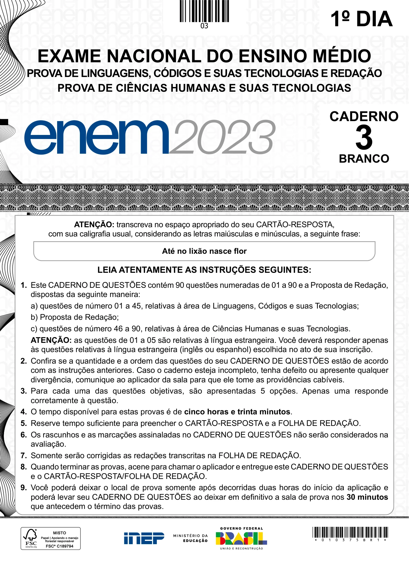 ENEM 2023 Dia 1 Caderno Branco