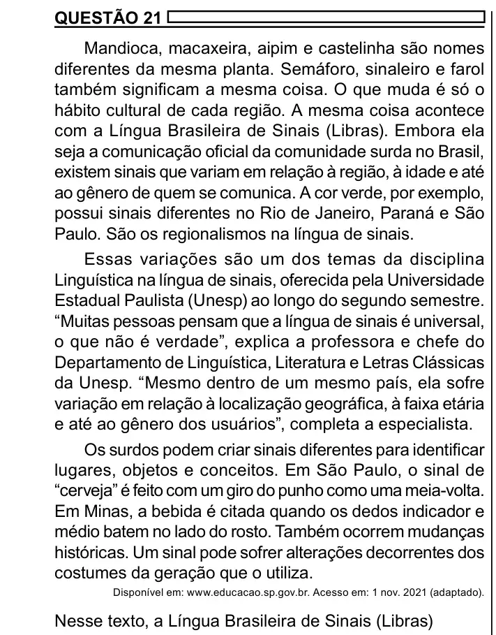 Enunciado da questão 21 do ENEM 2023 Dia 1