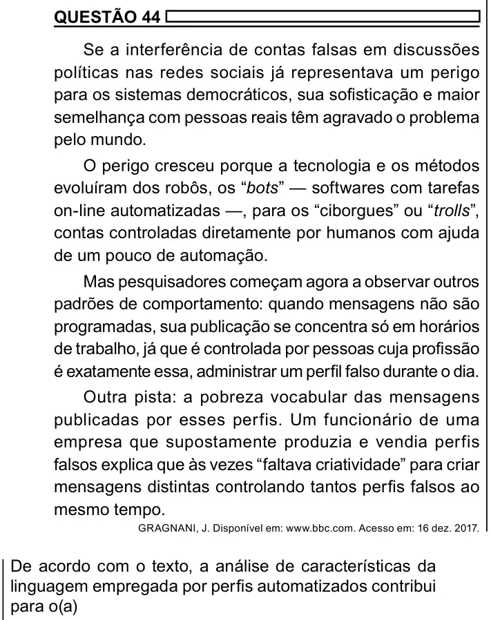Enunciado da questão 44 do ENEM 2023 Dia 1