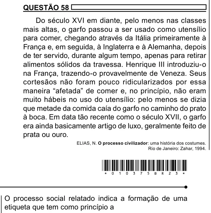 Enunciado da questão 58 do ENEM 2023 Dia 1