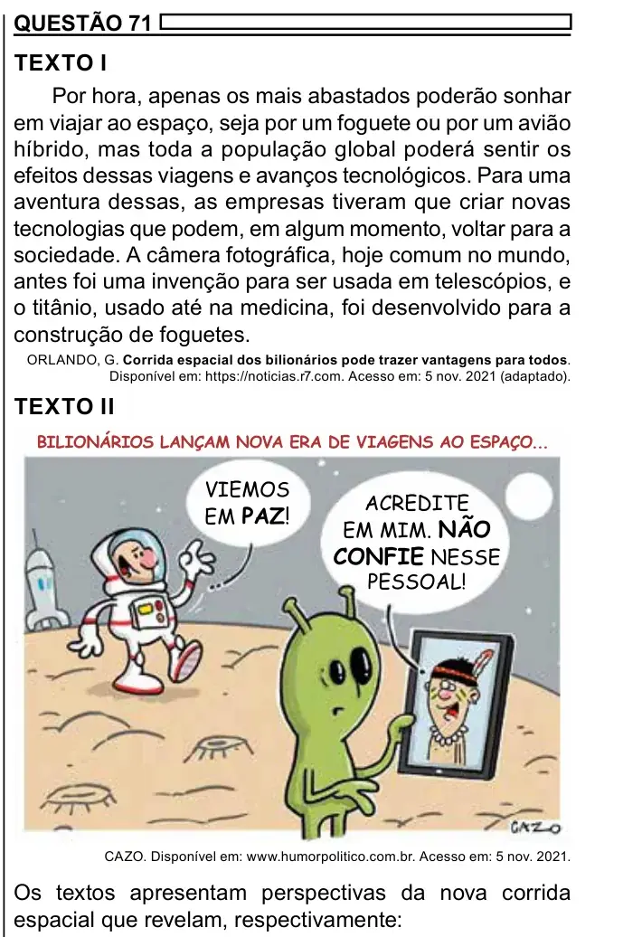 Enunciado da questão 71 do ENEM 2023 Dia 1