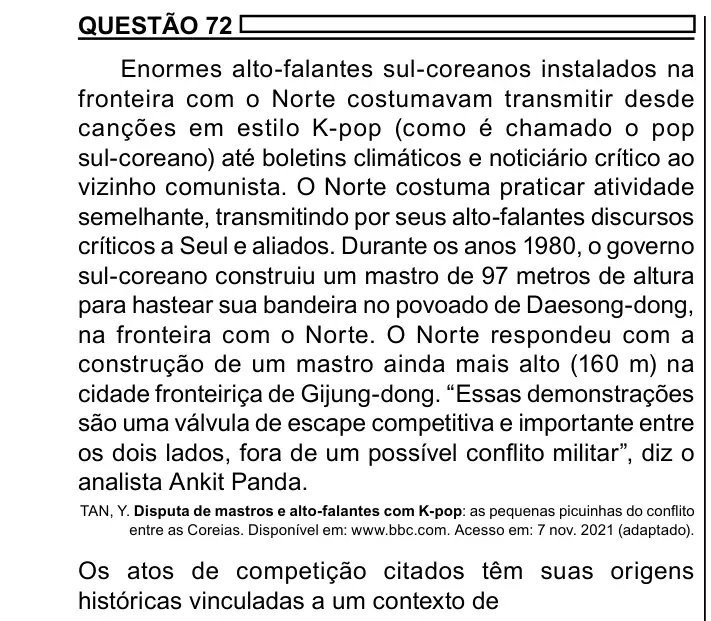 Enunciado da questão 72 do ENEM 2023 Dia 1