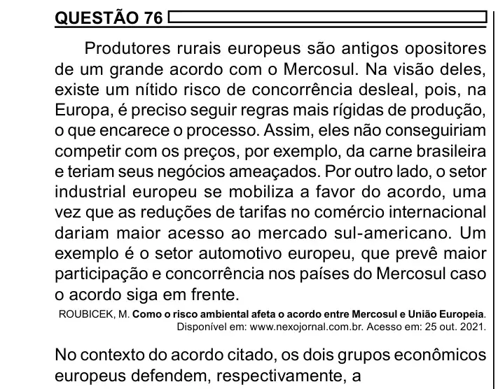Enunciado da questão 76 do ENEM 2023 Dia 1