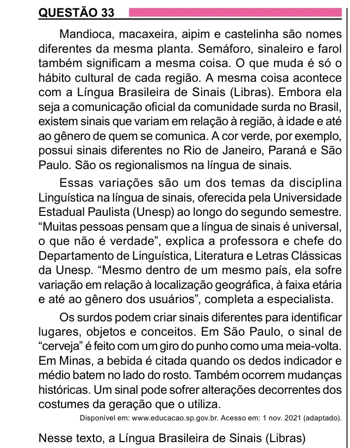 Enunciado da questão 33 do ENEM 2023 Dia 1