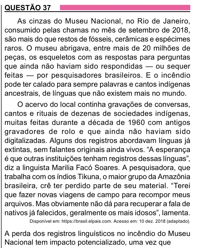 Enunciado da questão 37 do ENEM 2023 Dia 1
