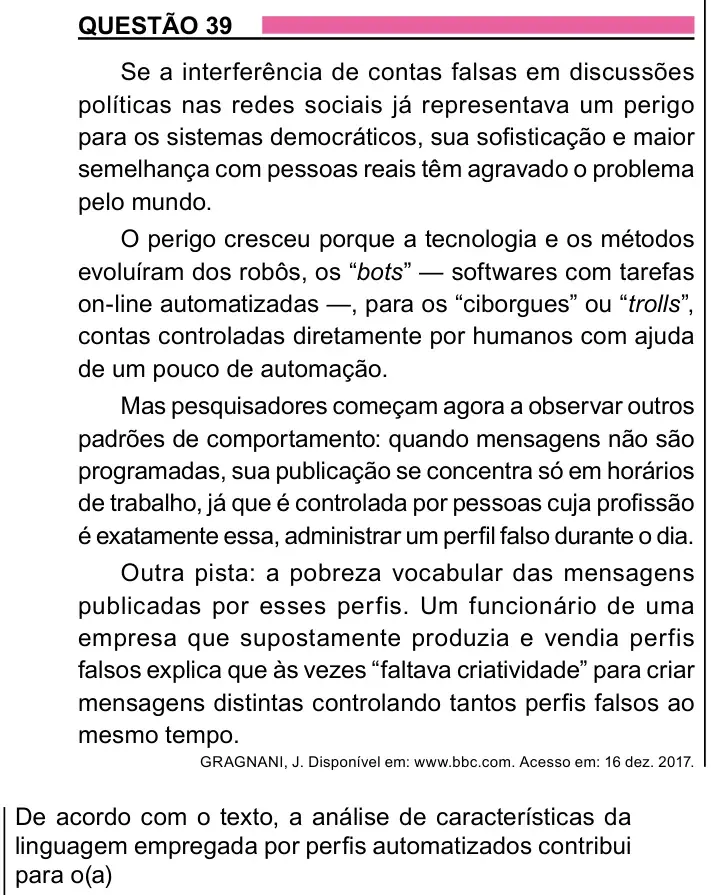 Enunciado da questão 39 do ENEM 2023 Dia 1