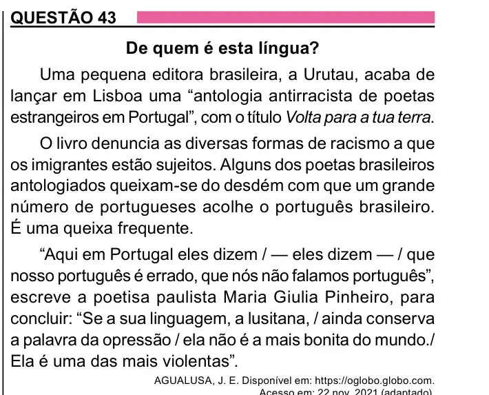 Enunciado da questão 43 do ENEM 2023 Dia 1