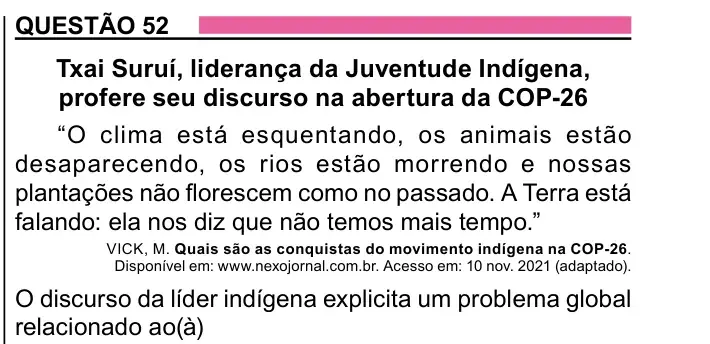 Enunciado da questão 52 do ENEM 2023 Dia 1