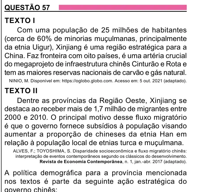 Enunciado da questão 57 do ENEM 2023 Dia 1