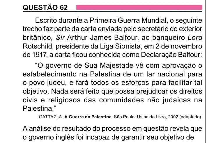 Enunciado da questão 62 do ENEM 2023 Dia 1