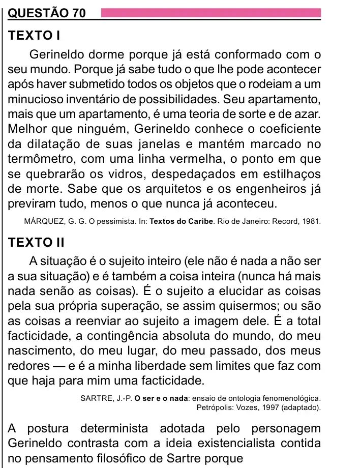 Enunciado da questão 70 do ENEM 2023 Dia 1