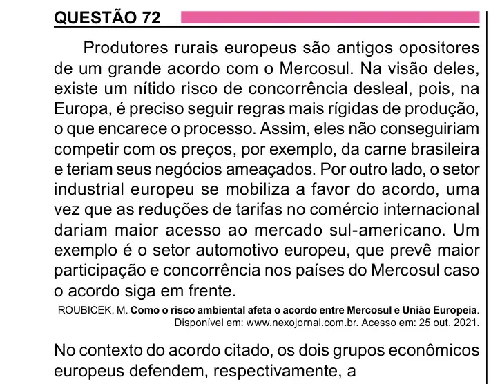 Enunciado da questão 72 do ENEM 2023 Dia 1