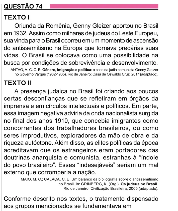Enunciado da questão 74 do ENEM 2023 Dia 1