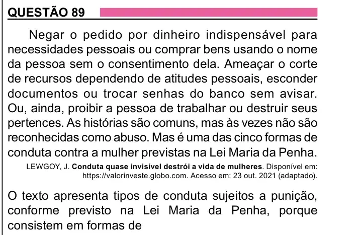 Enunciado da questão 89 do ENEM 2023 Dia 1