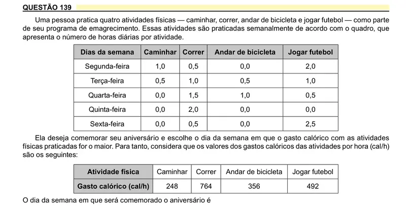 Enunciado da questão 139 do ENEM 2023 Dia 2