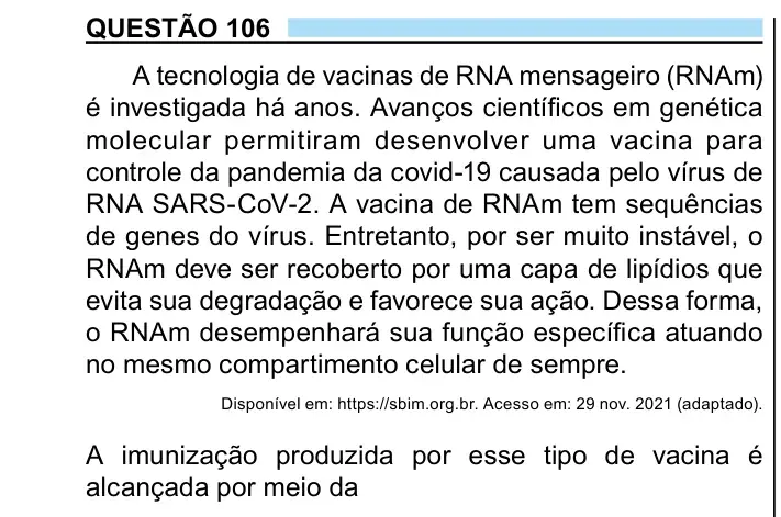Enunciado da questão 106 do ENEM 2023