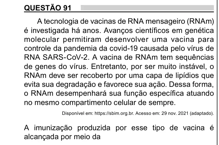 Enunciado da questão 91 do ENEM 2023 Dia 2