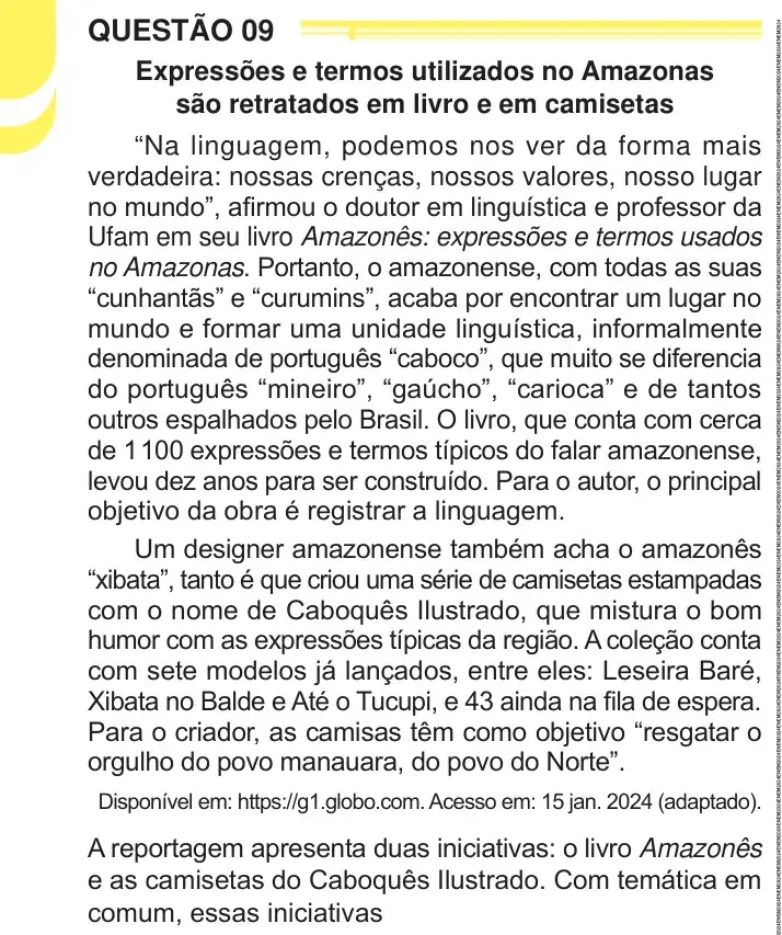Enunciado da questão 9 do ENEM 2024 Dia 1