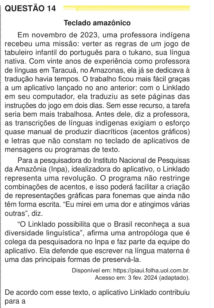 Enunciado da questão 14 do ENEM 2024 Dia 1
