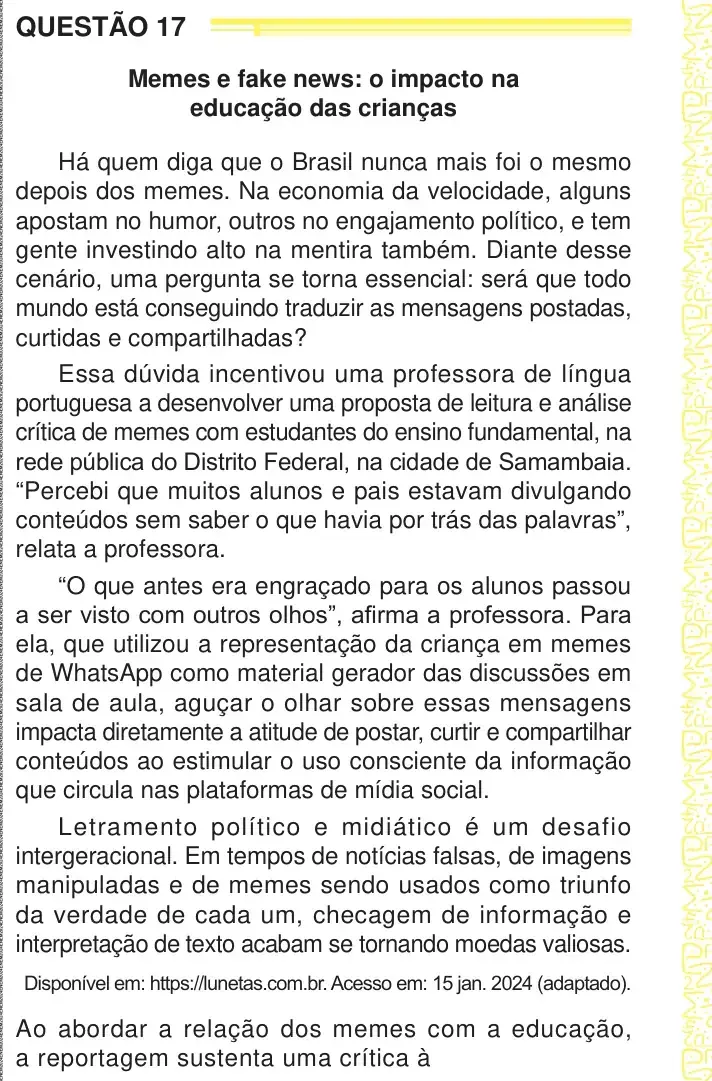 Enunciado da questão 17 do ENEM 2024 Dia 1