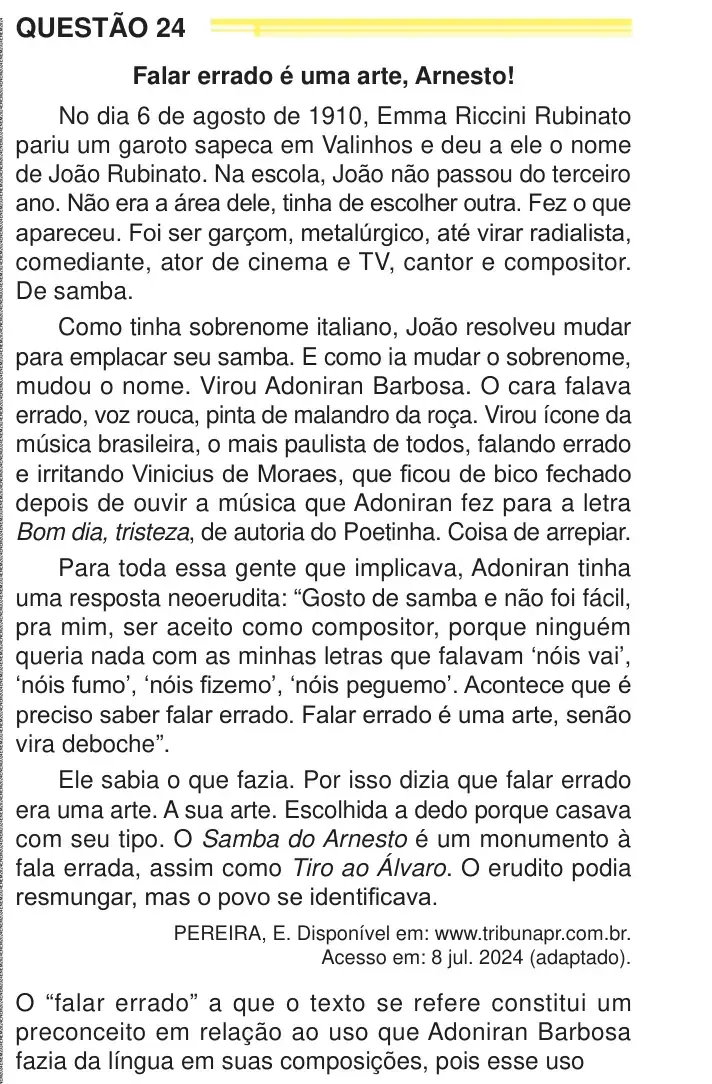 Enunciado da questão 24 do ENEM 2024 Dia 1