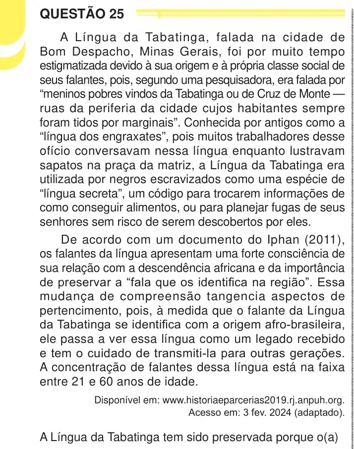 Enunciado da questão 25 do ENEM 2024 Dia 1