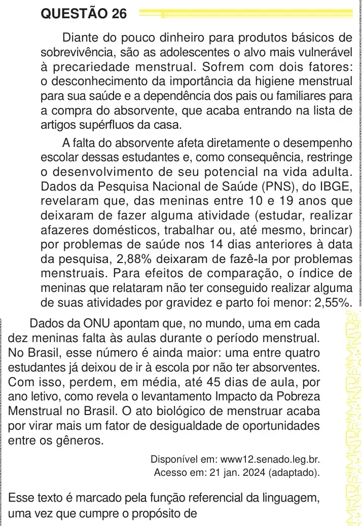 Enunciado da questão 26 do ENEM 2024 Dia 1