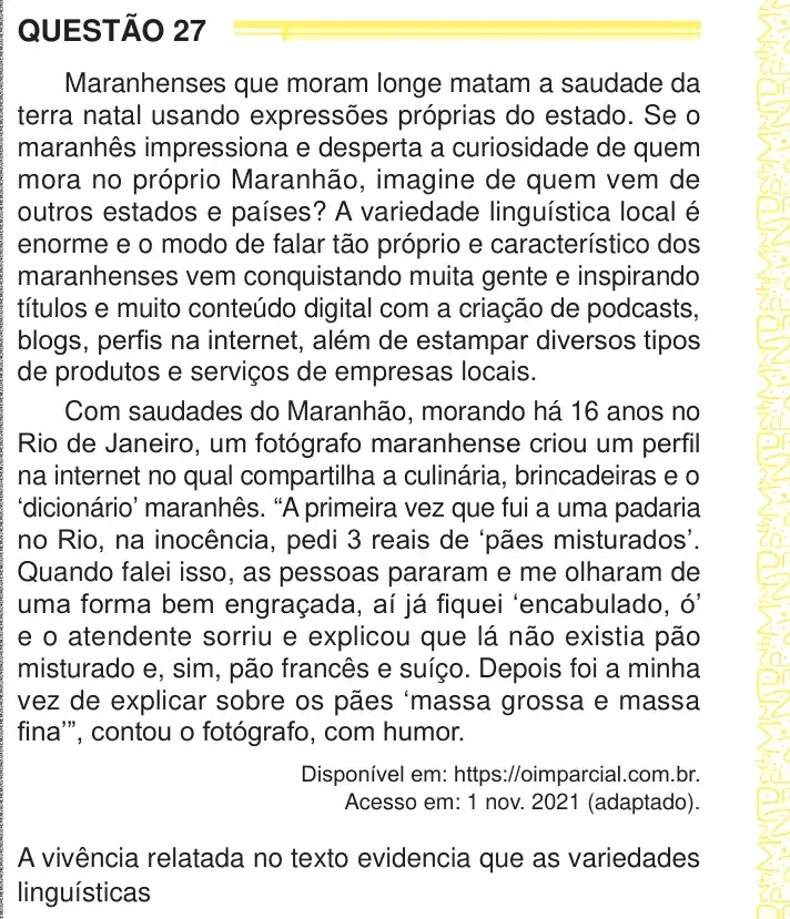 Enunciado da questão 27 do ENEM 2024 Dia 1