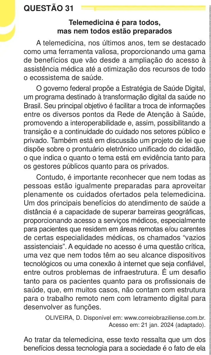 Enunciado da questão 31 do ENEM 2024 Dia 1