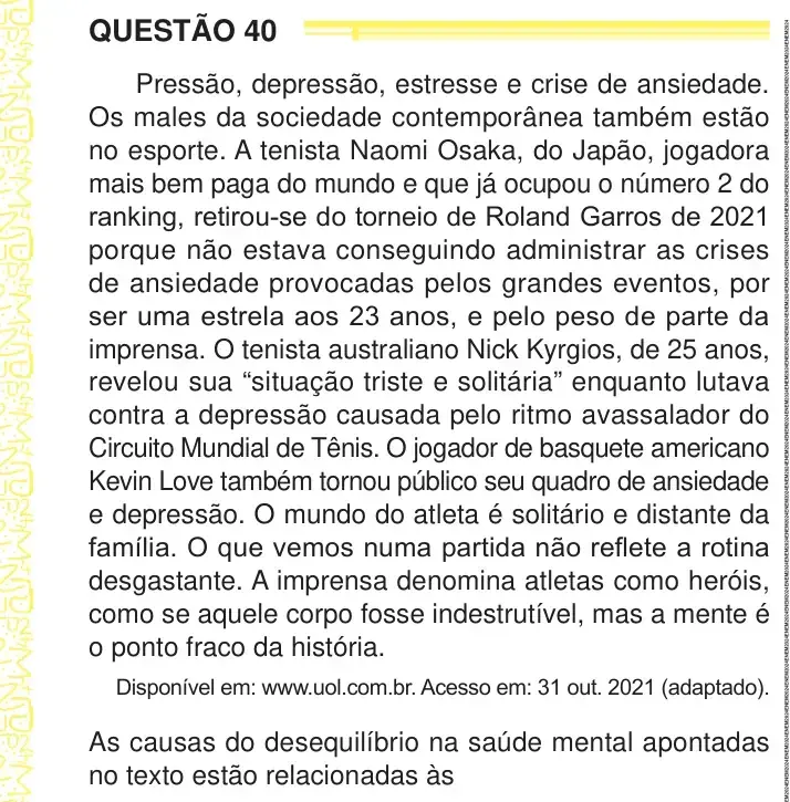Enunciado da questão 40 do ENEM 2024 Dia 1