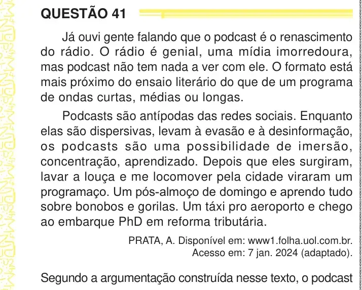 Enunciado da questão 41 do ENEM 2024 Dia 1