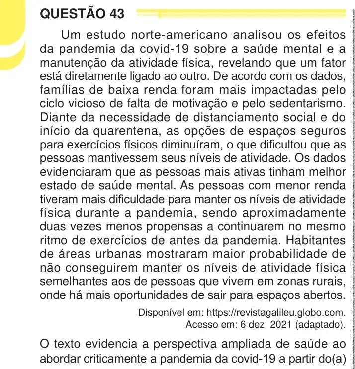 Enunciado da questão 43 do ENEM 2024 Dia 1