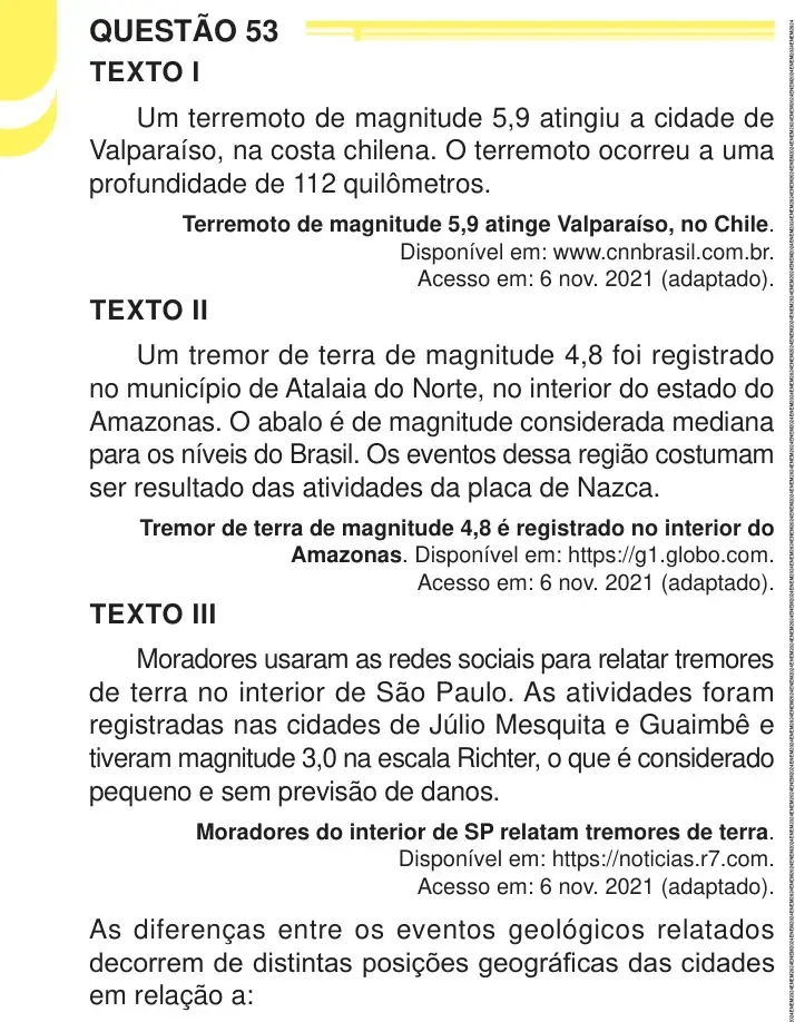 Enunciado da questão 53 do ENEM 2024 Dia 1
