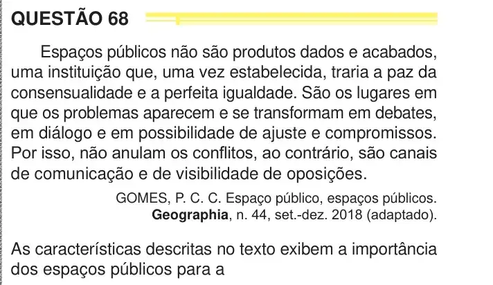 Enunciado da questão 68 do ENEM 2024 Dia 1