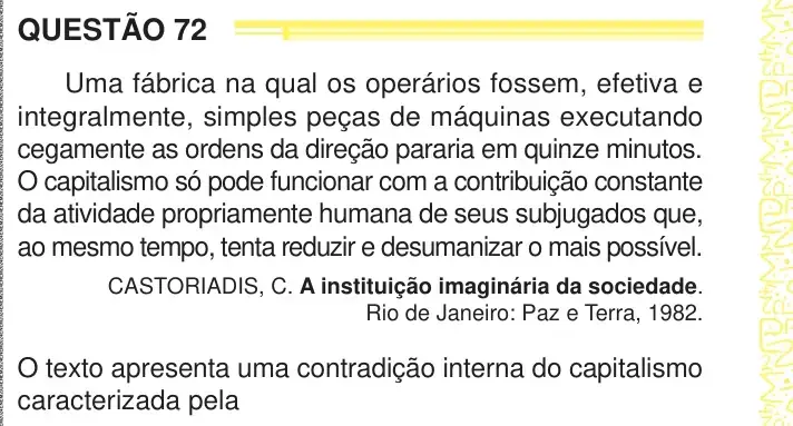 Enunciado da questão 72 do ENEM 2024 Dia 1