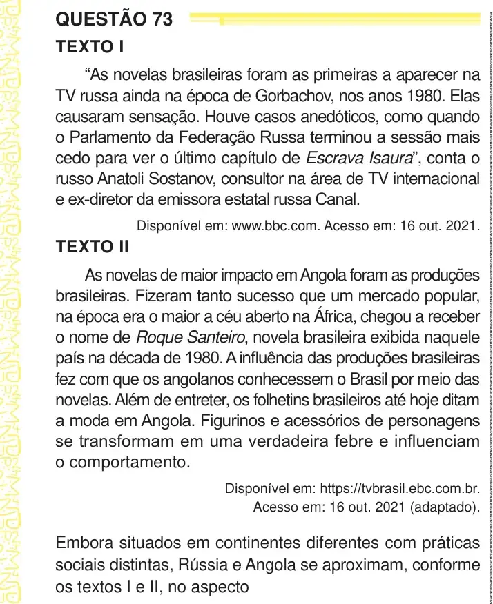 Enunciado da questão 73 do ENEM 2024 Dia 1