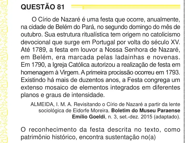 Enunciado da questão 81 do ENEM 2024 Dia 1