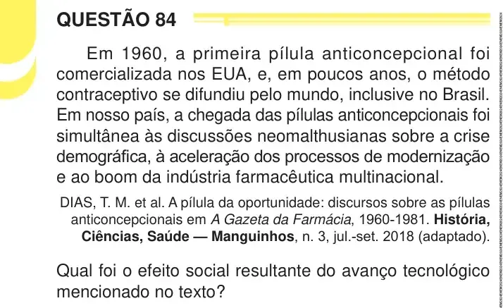 Enunciado da questão 84 do ENEM 2024 Dia 1